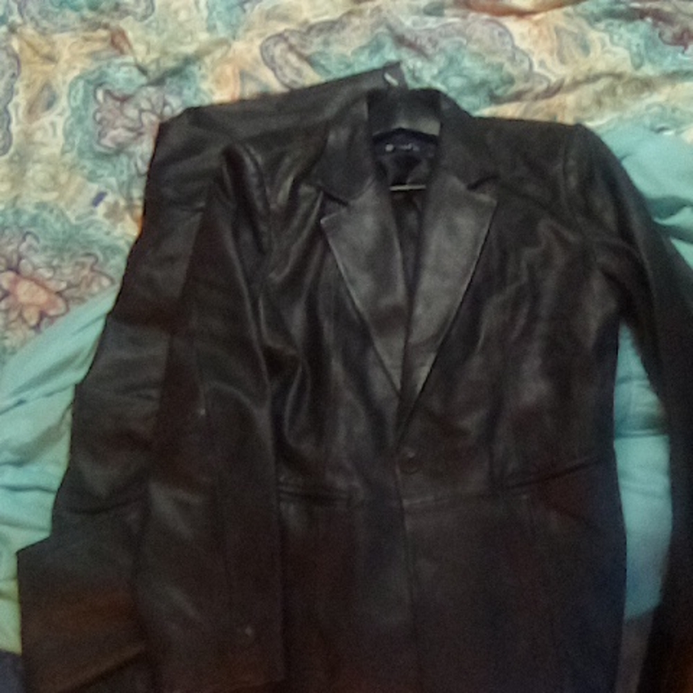 Demin & Co. Large leather full length black leather jacket